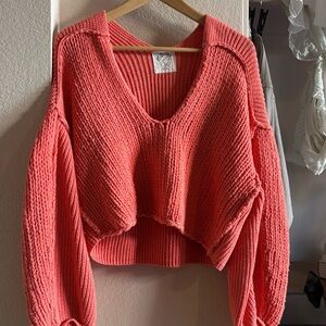 We The Free Vibrant Coral Chunky Knit Sweater – Cozy Braided Sleeve